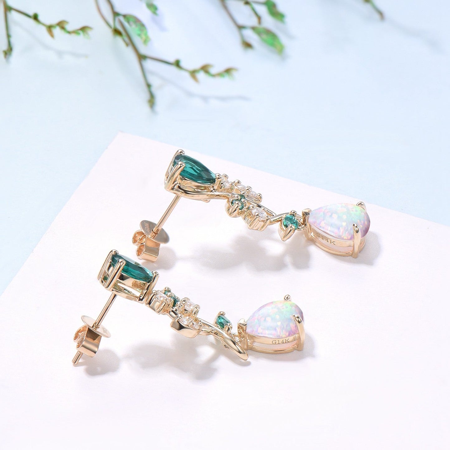 Nature Inspired Pear Shaped White Opal Earrings Emerald Fire Opal Leaf Stud Earrings Silver Earrings Handmade Anniversary Promise Gift