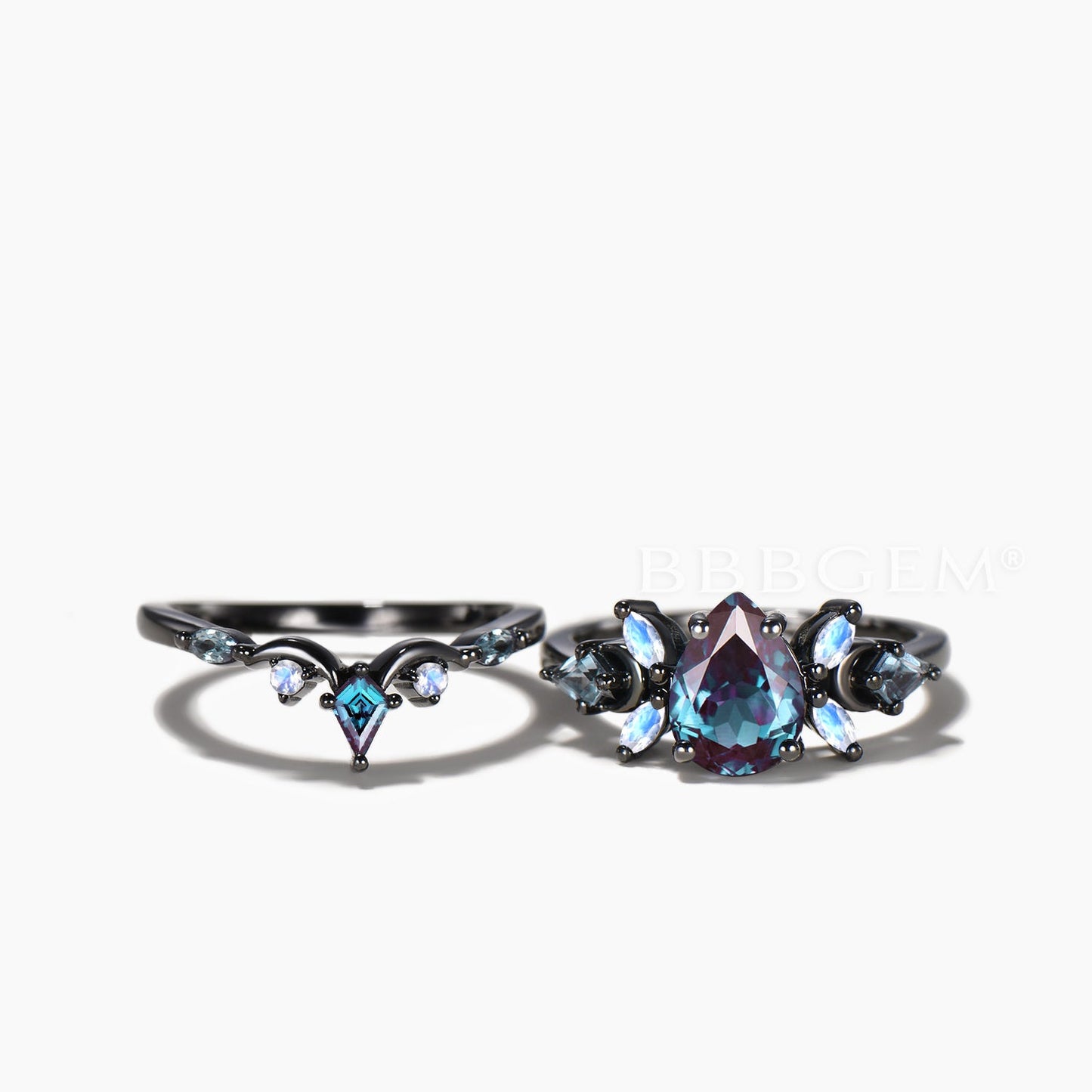 Teardrop Cut Color-change Alexandrite Ring Moonstone Accent Moon Bridal Set