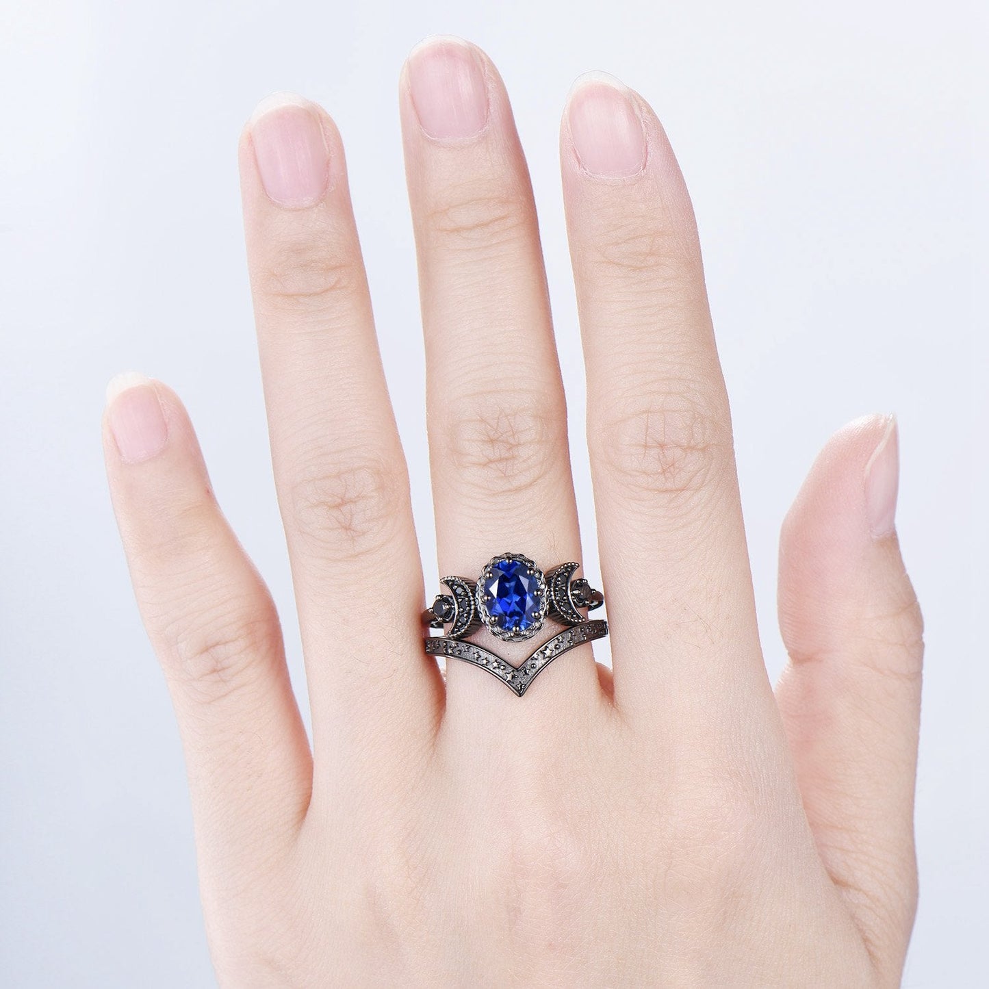 Unique moon star ring Oval blue sapphire wedding ring set Black gold gothic engagement ring set crescent moon sapphire bridal set for women