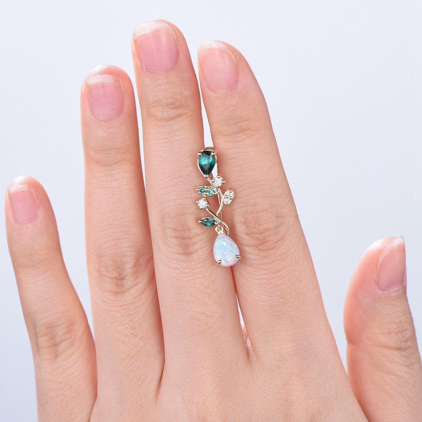 Nature Inspired Pear Shaped White Opal Earrings Emerald Fire Opal Leaf Stud Earrings Silver Earrings Handmade Anniversary Promise Gift