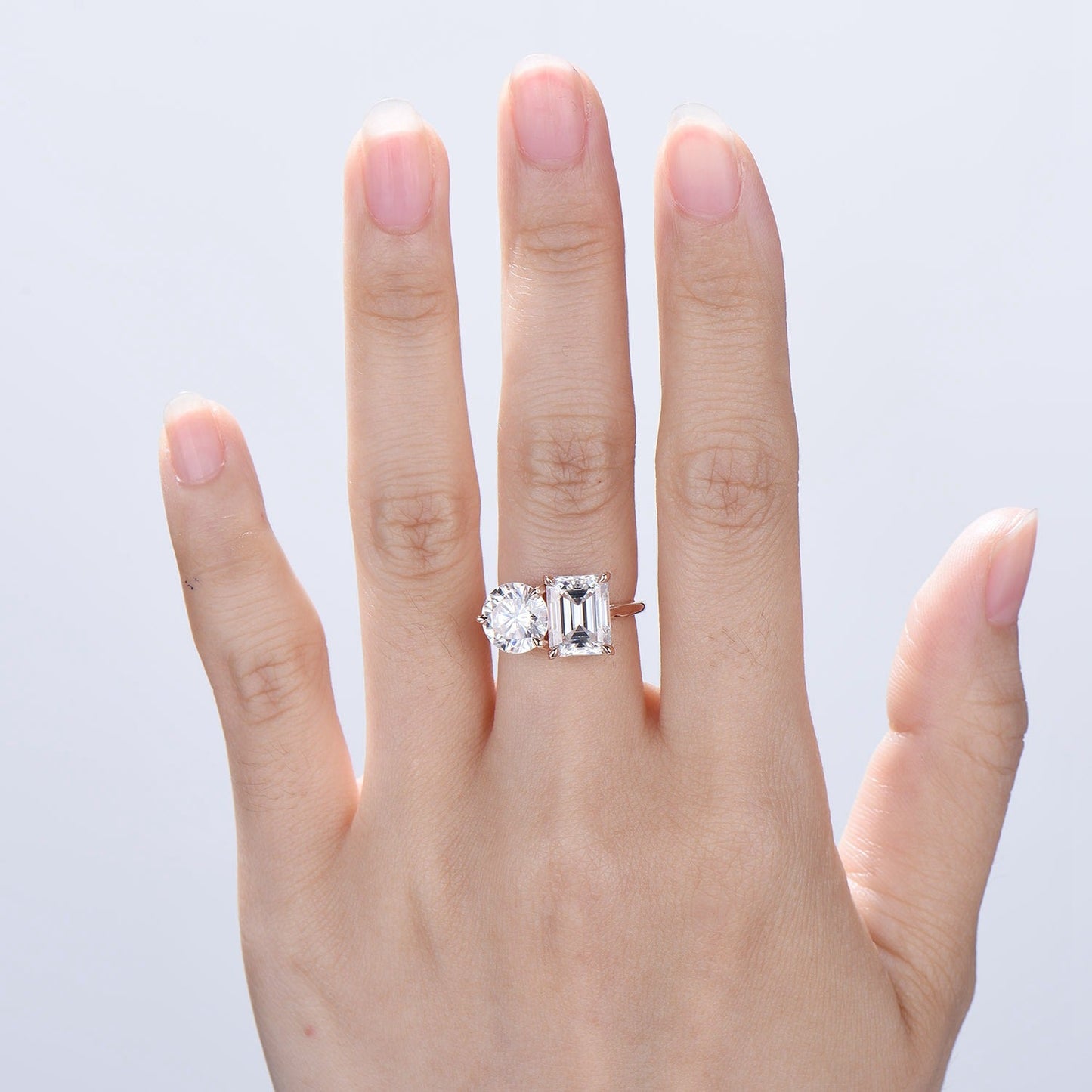 Two stone moissanite engagement ring 14k rose gold emerald round moisaanite plain rose gold wedding ring minimalist anniversary bridal gifts