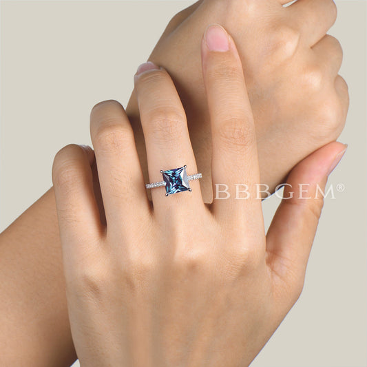 2CT Princess Cut Color-change Alexandrite Ring Diamond Half Eternity Ring