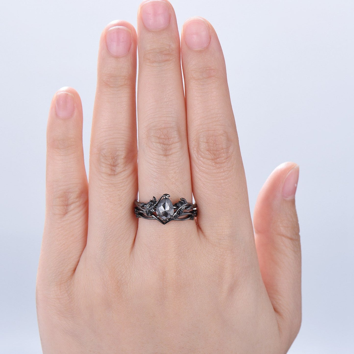 Elegant Black Gold salt pepper diamond engagement ring natural inspired pear shaped twig vine pepper diamond unique leaf vine bridal set