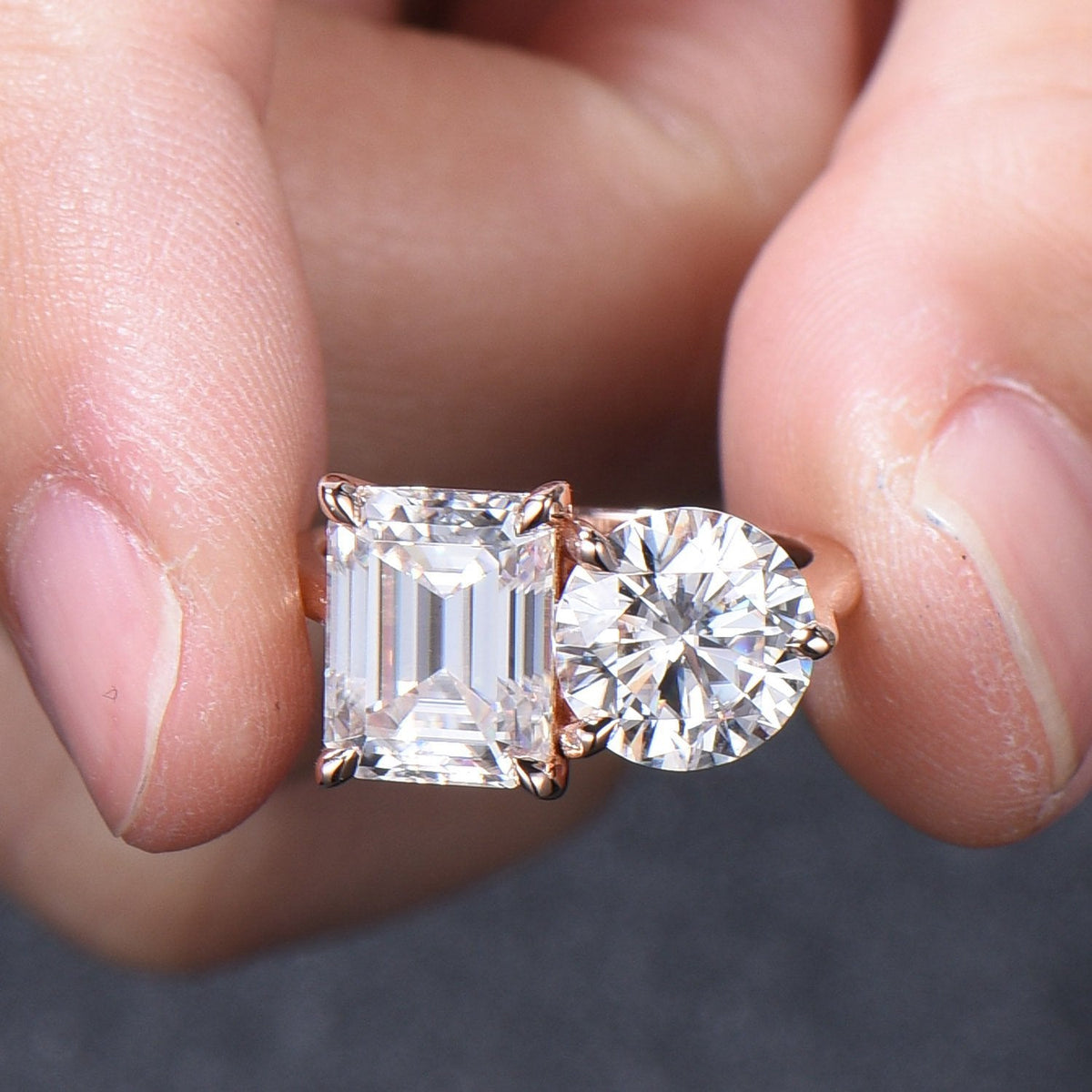 Two stone moissanite engagement ring 14k rose gold emerald round moisaanite plain rose gold wedding ring minimalist anniversary bridal gifts