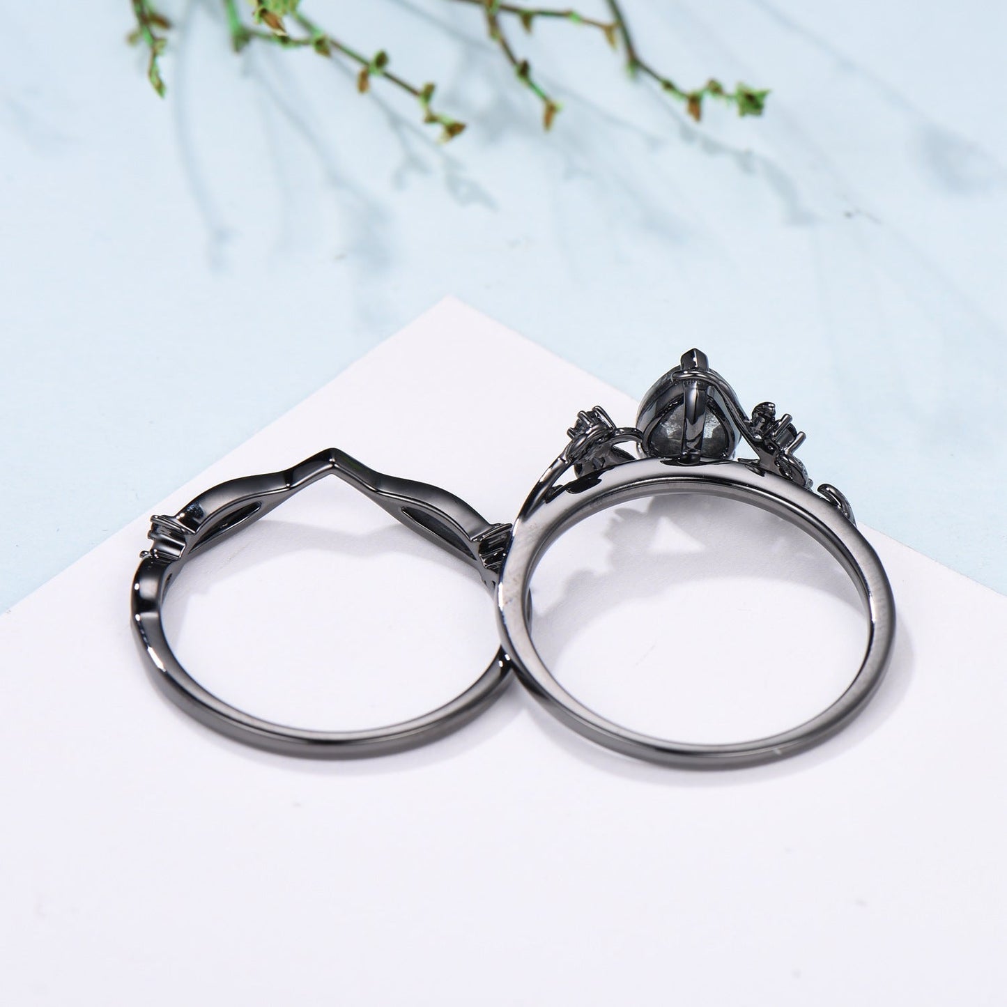 Elegant Black Gold salt pepper diamond engagement ring natural inspired pear shaped twig vine pepper diamond unique leaf vine bridal set