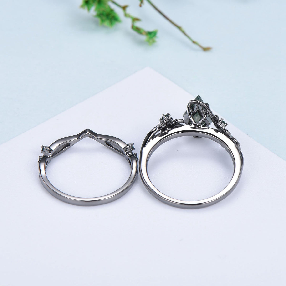Unique black gold moss agate ring set Nature Inspired kite cut green agate engagement ring cluster emerald eye wedding ring set for women