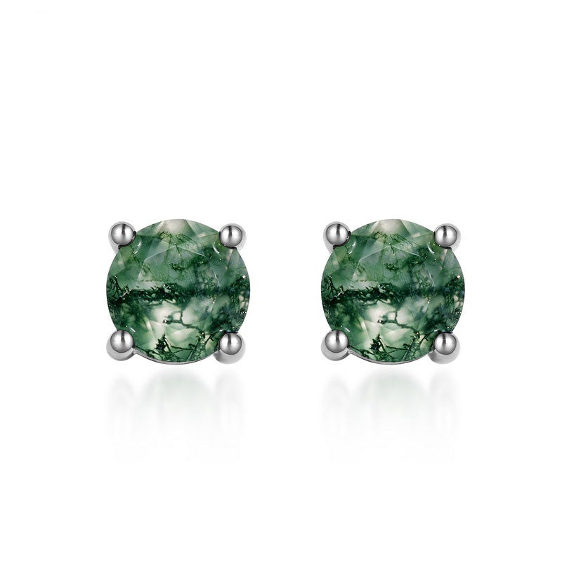 Minimalist 1 Carat Round Cut Moss Agate Stud Earrings