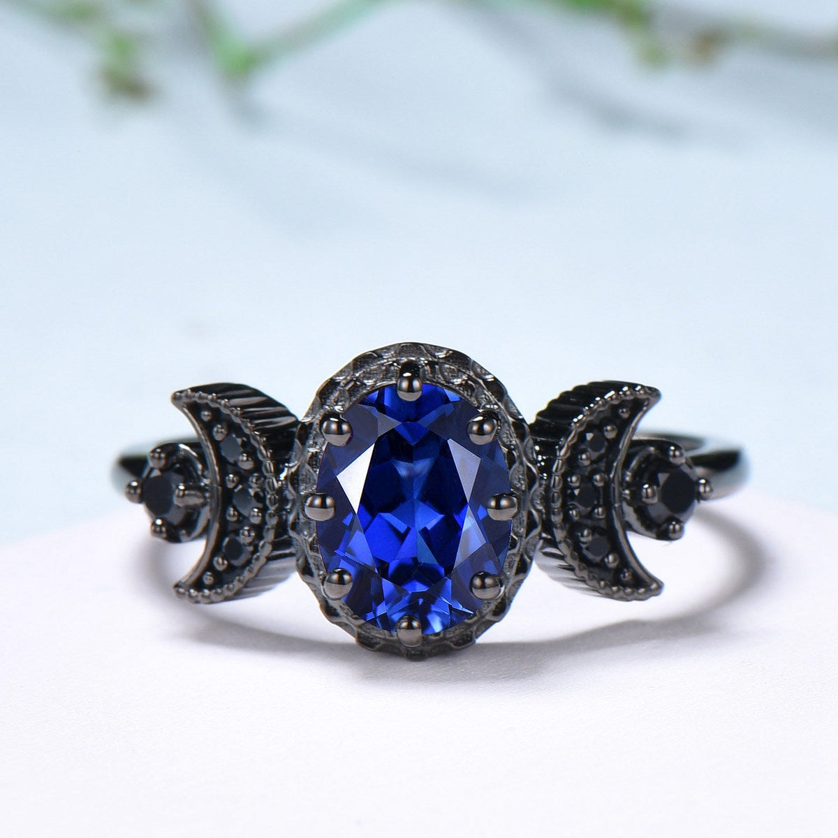 Unique moon star ring Oval blue sapphire wedding ring set Black gold gothic engagement ring set crescent moon sapphire bridal set for women