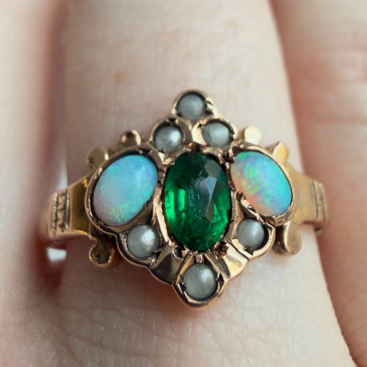 Emerald, Opal and Pearl Cluster Ring | 10K Yellow Gold | Vintage