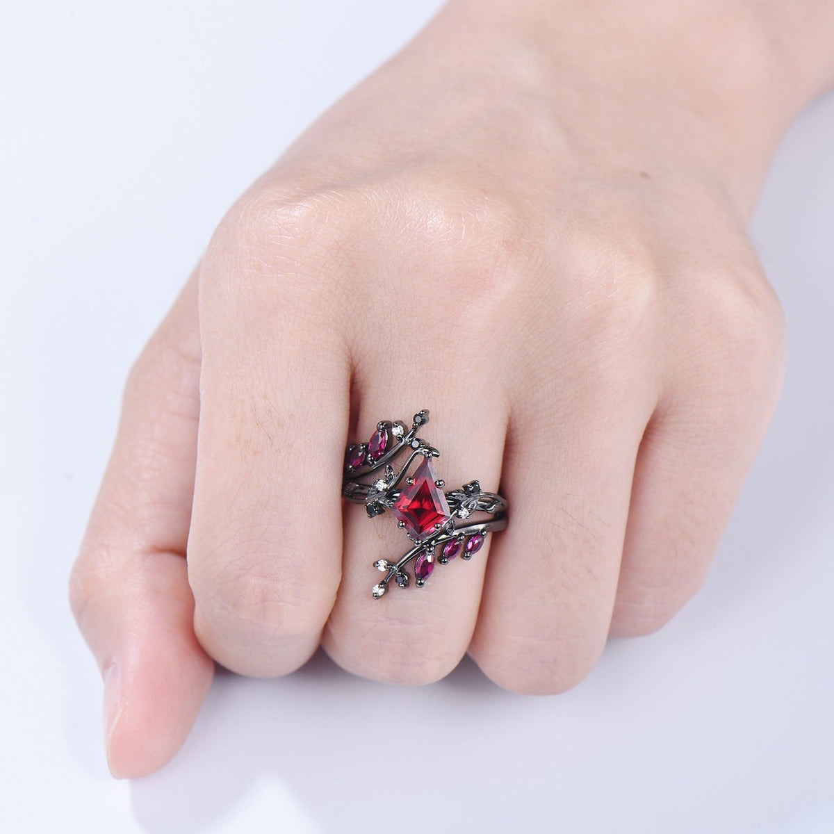 Unique gothic kite cut ruby engagement ring set black gold cluster engagement ring leaf branch nature inspired marquise ruby wedding set