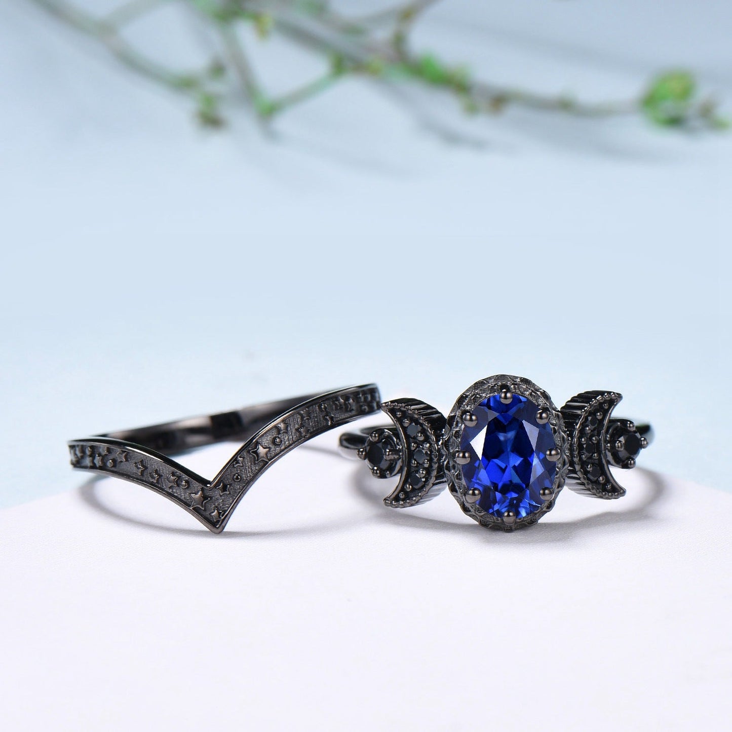 Unique moon star ring Oval blue sapphire wedding ring set Black gold gothic engagement ring set crescent moon sapphire bridal set for women