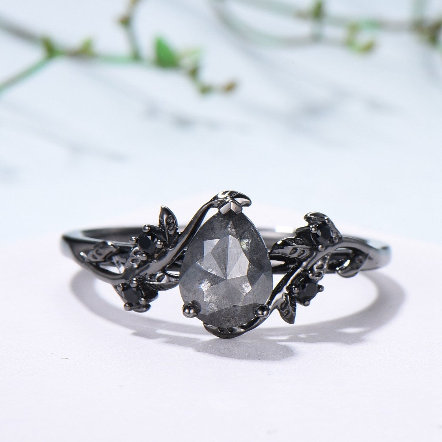 Elegant Black Gold salt pepper diamond engagement ring natural inspired pear shaped twig vine pepper diamond unique leaf vine bridal set