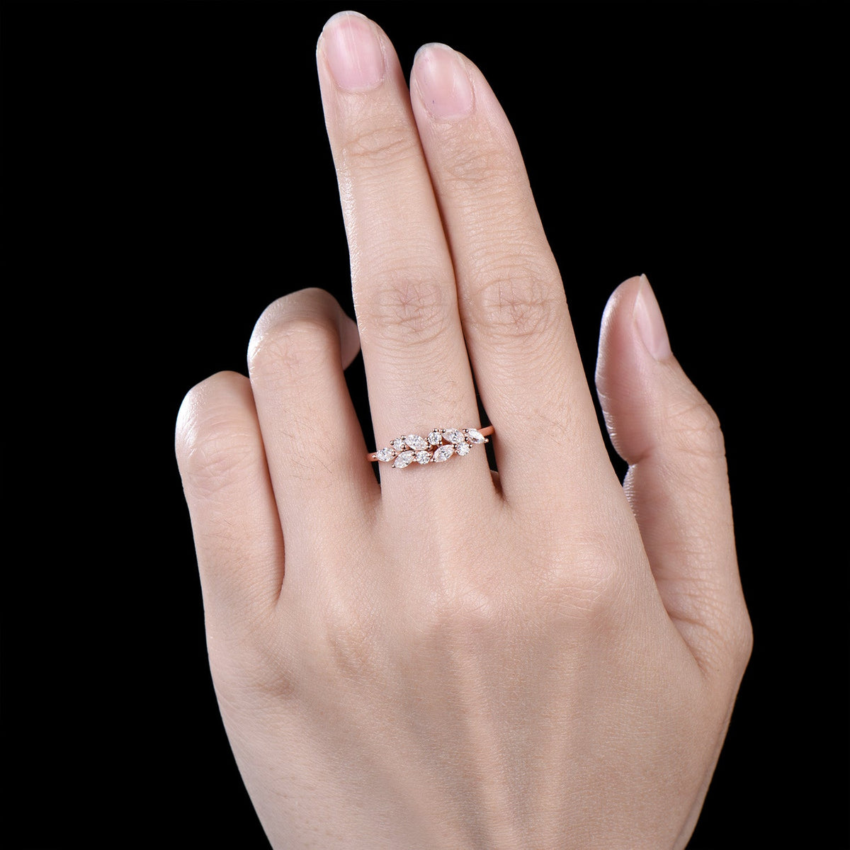 Vintage Moissanite Wedding Ring Art Deco 14k Solid Rose Gold Marquise Cut Moissanite Wedding Band Cluster Promise Ring