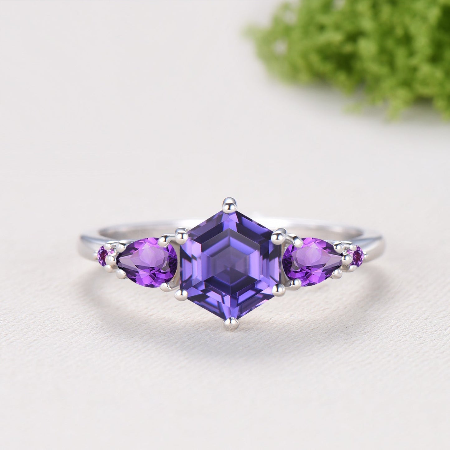Vintage Hexagon Cut Purple Sapphire Engagement Ring Set, Unique Five Stone Amethyst Promise Ring, Fire Opal Stacking Band
