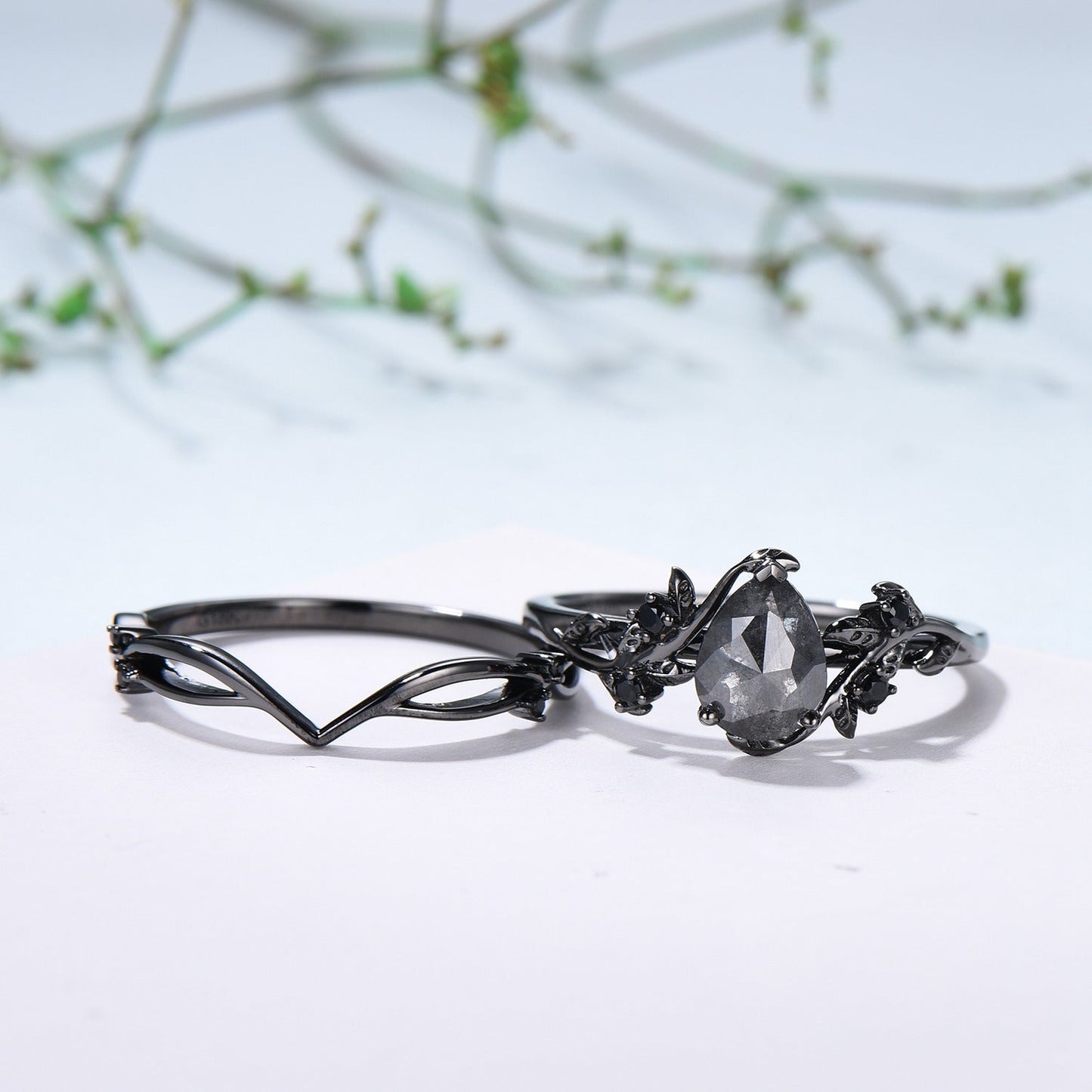 Elegant Black Gold salt pepper diamond engagement ring natural inspired pear shaped twig vine pepper diamond unique leaf vine bridal set