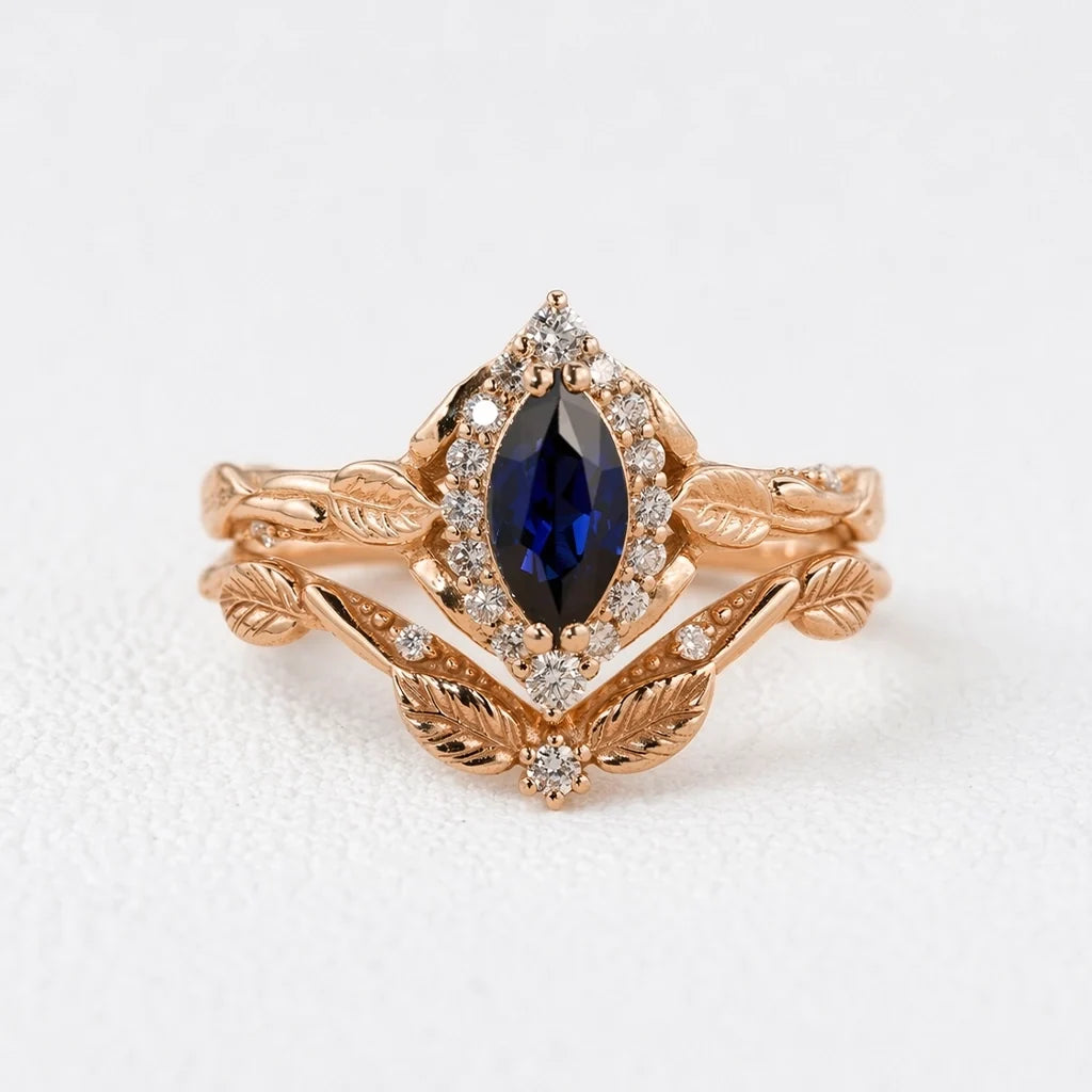 Victoria’s Diadem | Marquise Cut Sapphire & Diamond Halo Bridal Set 2pcs