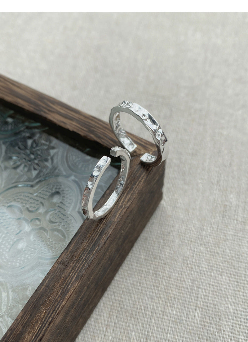 Stone Texture Open Ring, Minimalist Irregular Concave-Convex Band, Ins Cold Style Adjustable S925 Sterling Silver  Ring for Women