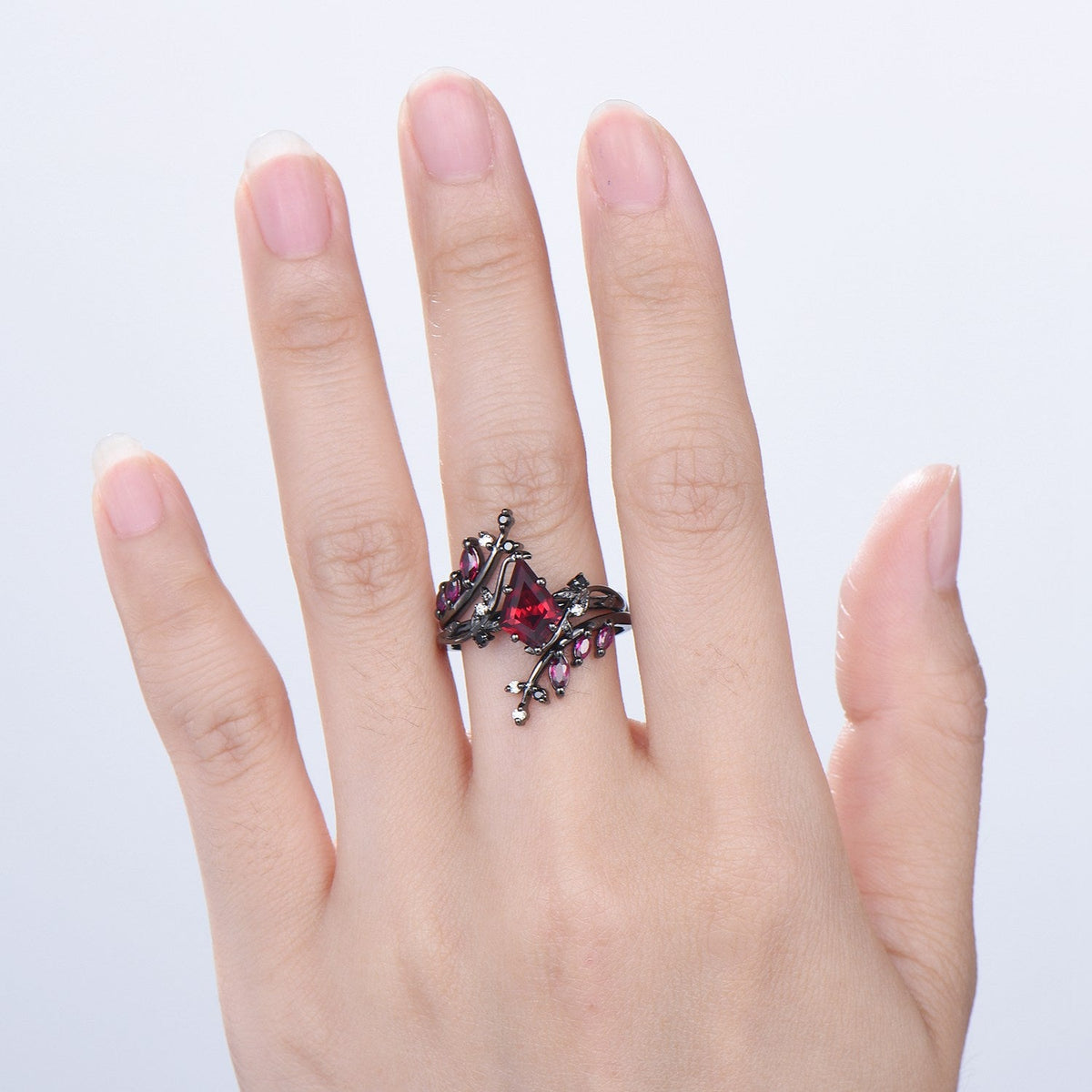 Unique gothic kite cut ruby engagement ring set black gold cluster engagement ring leaf branch nature inspired marquise ruby wedding set
