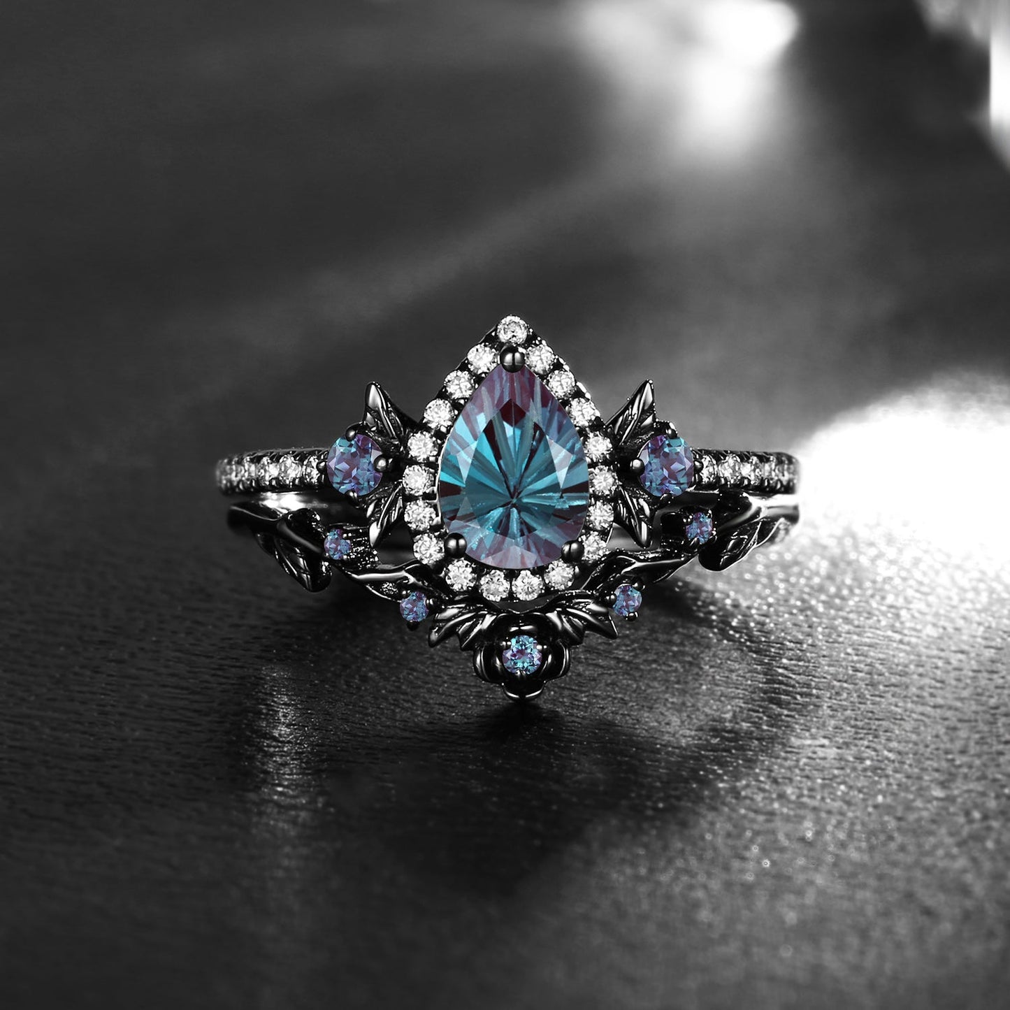 Nature Inspired Firework Cut Pear Shaped Lab Alexandrite 'Thorns & Roses' Halo Leaf Engagement Ring