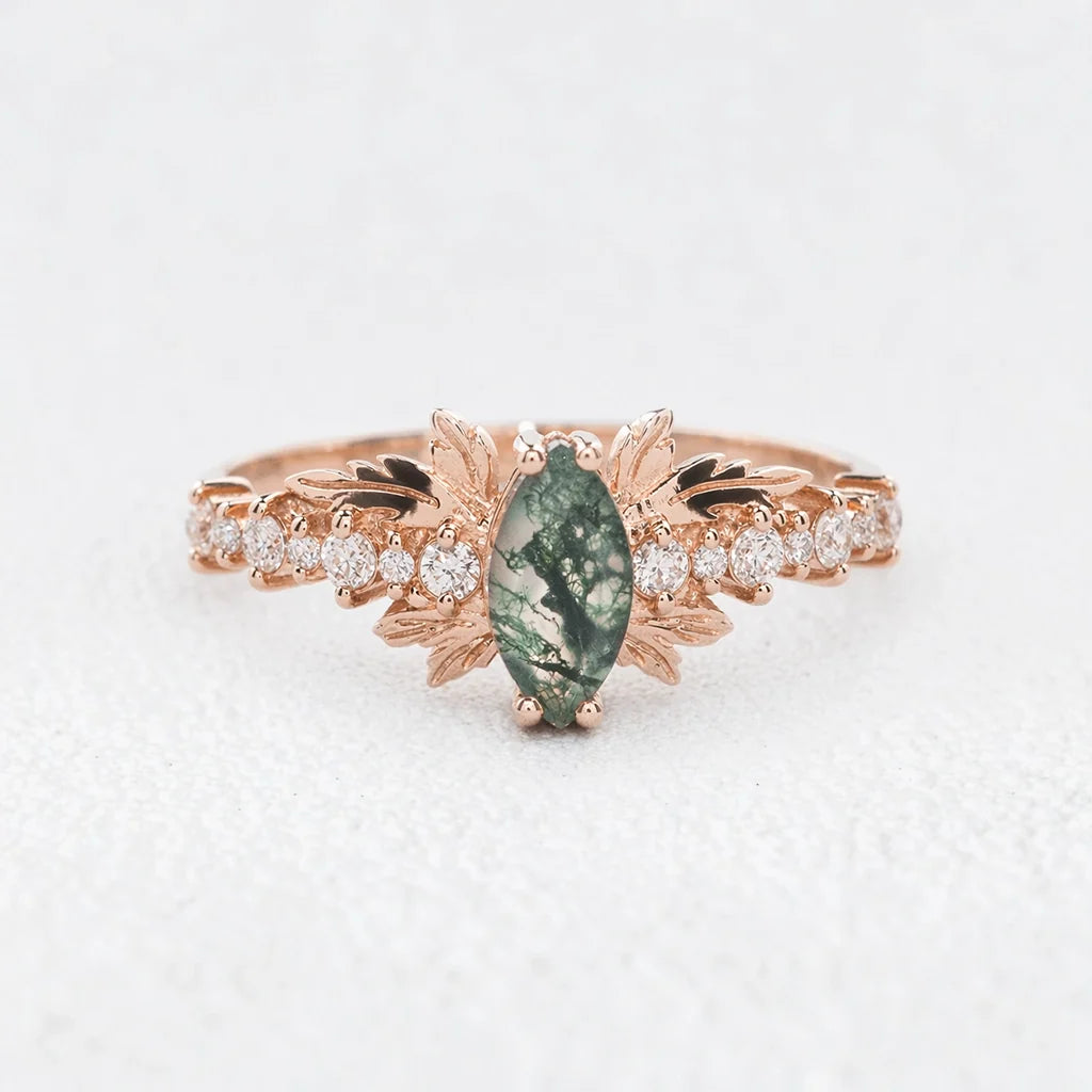 Aurora’s Moss Wing | Marquise Moss Agate Vintage Bridal Set 2pcs