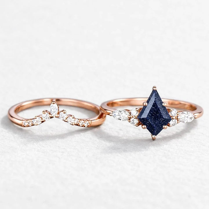 Stella’s Spark | Kite Cut Blue Sandstone & Marquise Moissanite Bridal Set 2pcs