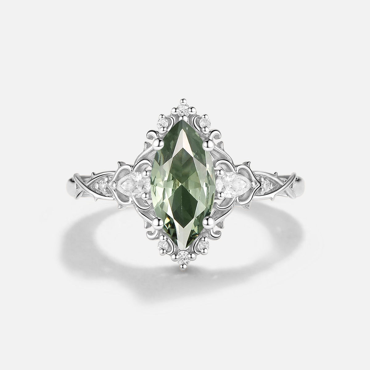 Marquise Cut Lab Green Sapphire Engagement Ring - Faelan