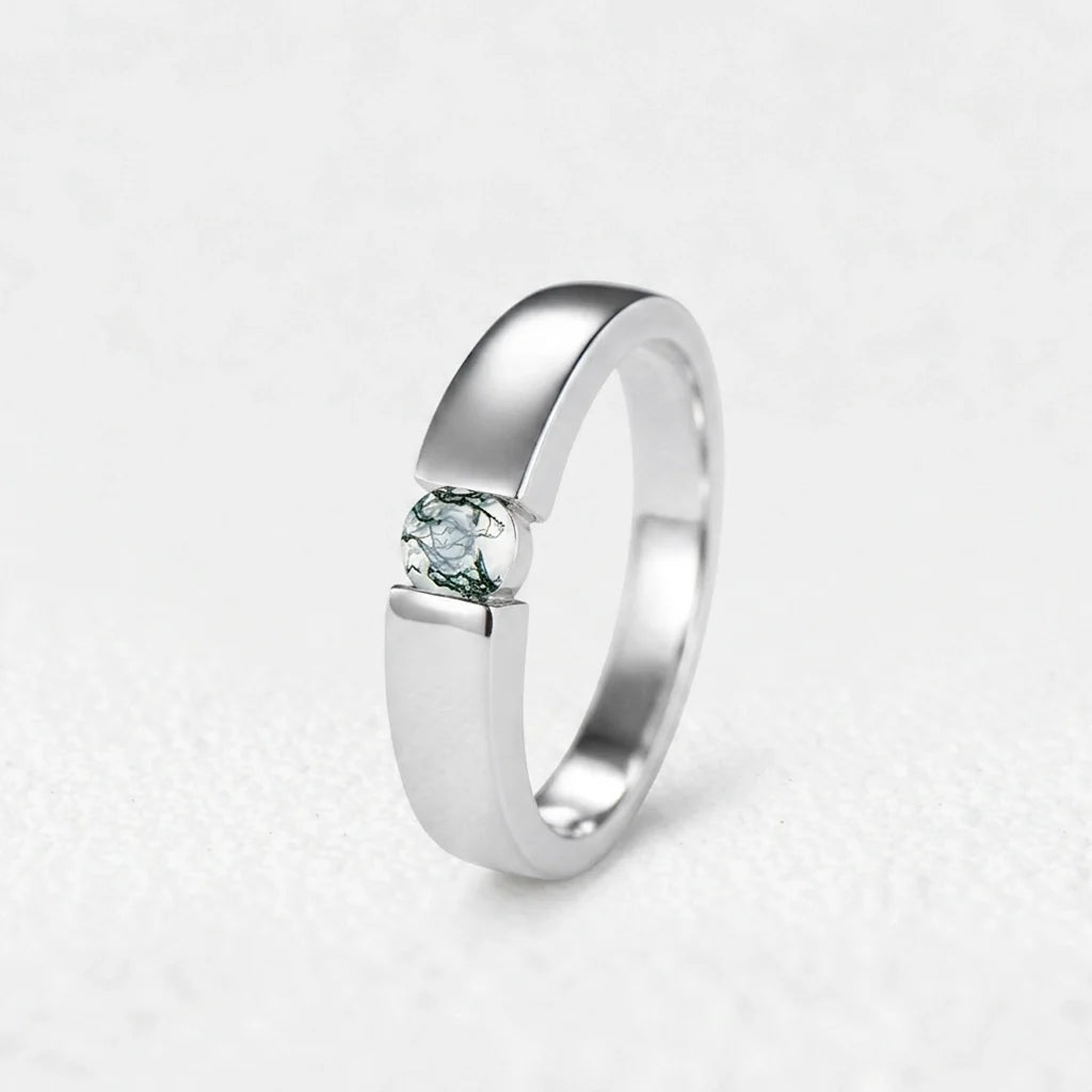 One Stone | Minimalist Solitaire Round Moss Agate Men’s Wedding Band