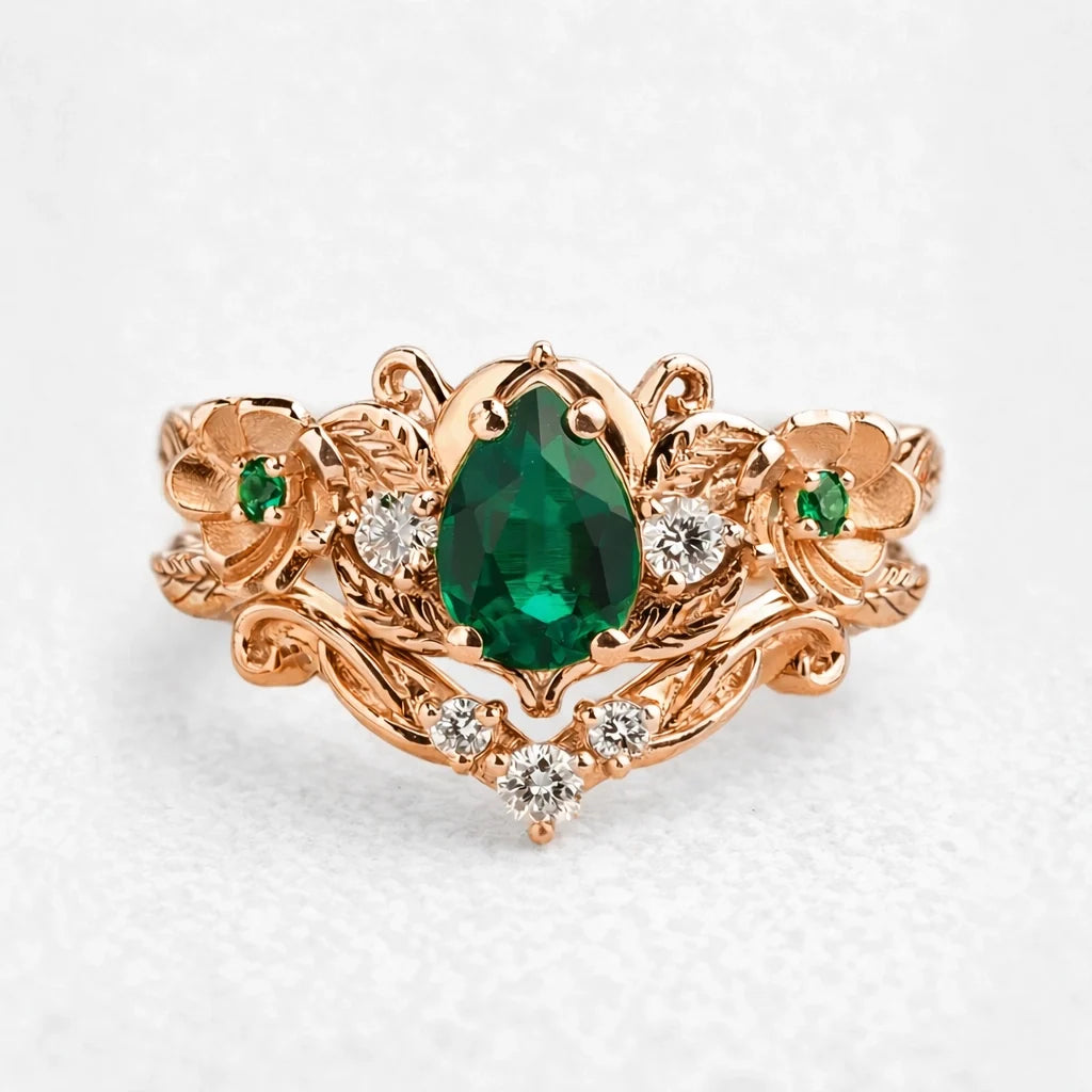 Flora’s Bloom | Natural Emerald Floral Bridal Set 2pcs