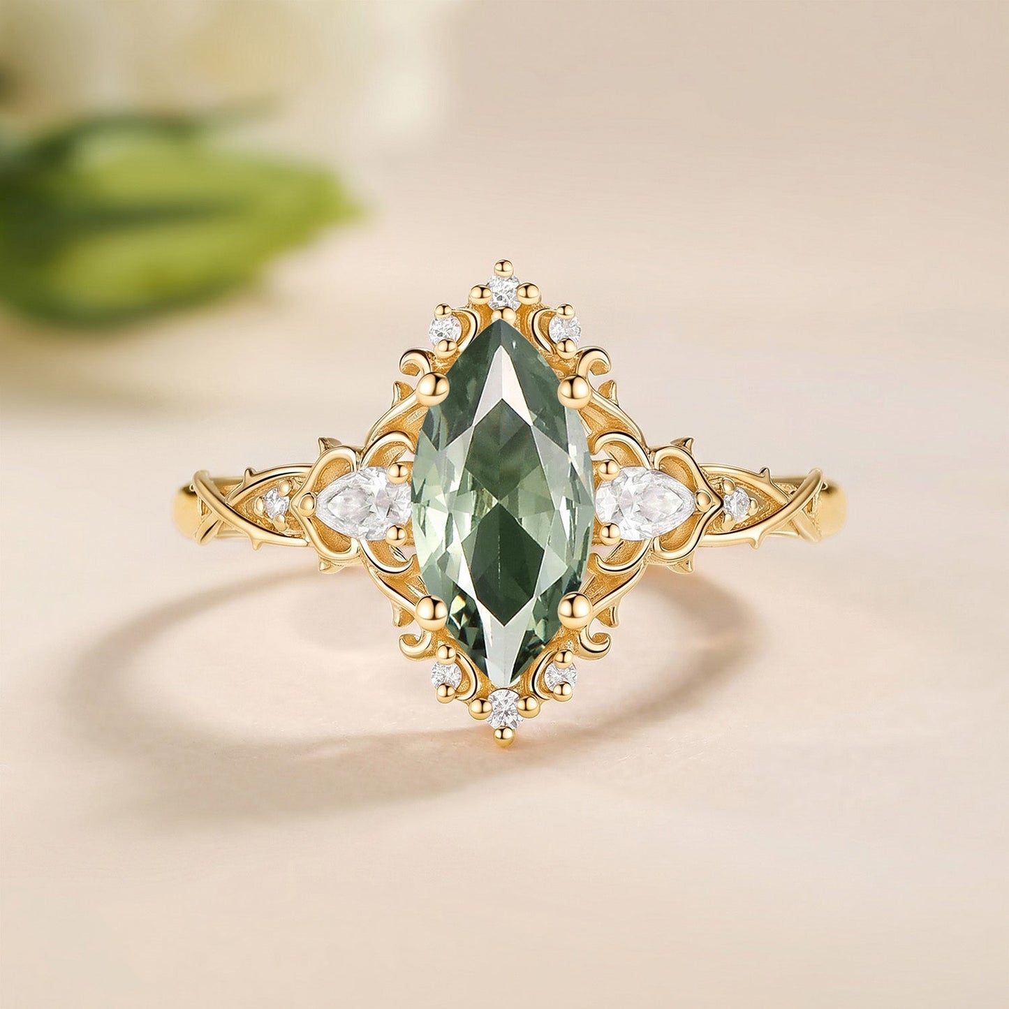 Marquise Cut Lab Green Sapphire Engagement Ring - Faelan