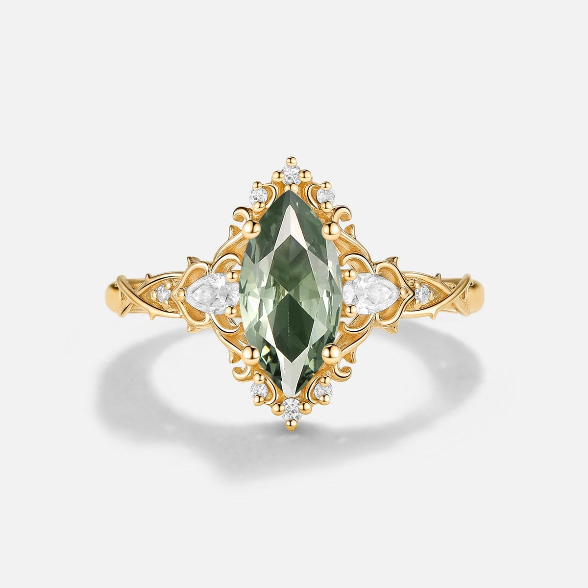 Marquise Cut Lab Green Sapphire Engagement Ring - Faelan