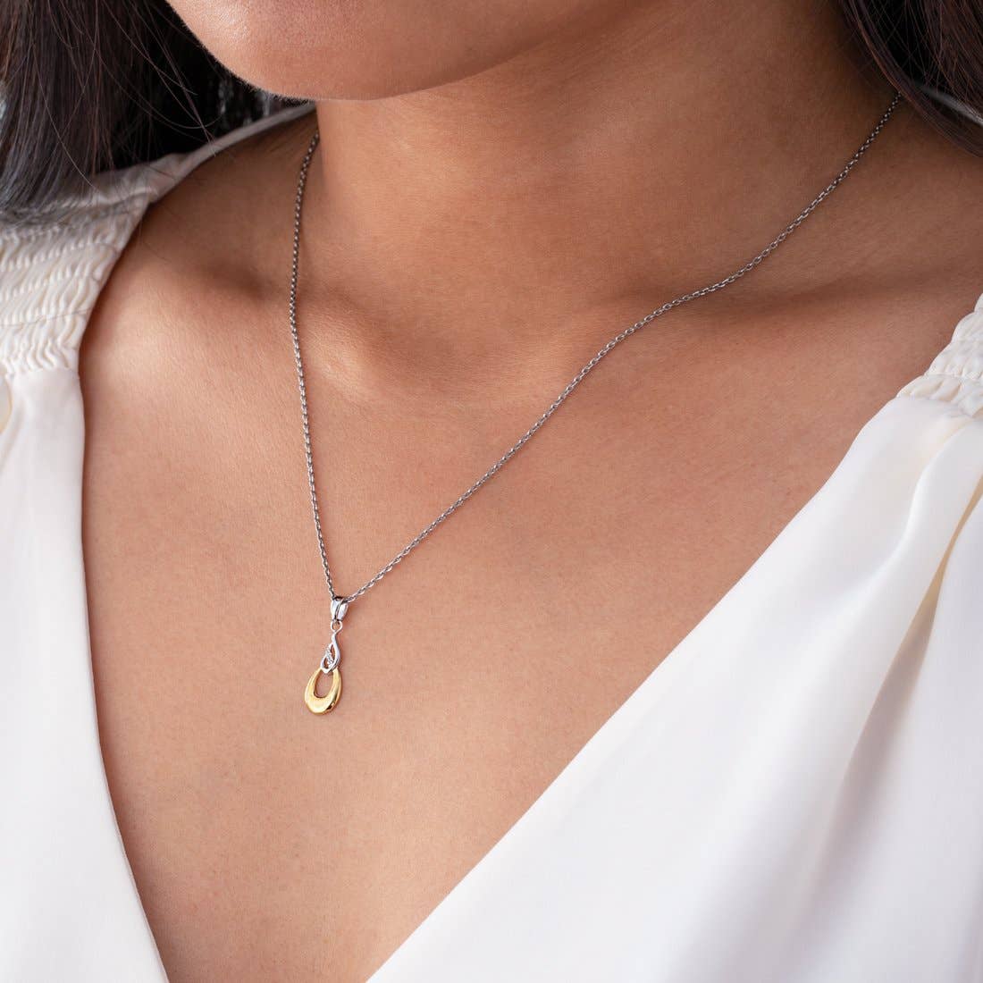 Two-Tone Sterling Silver Double Teardrop Pendant & 925 sterling silver necklace