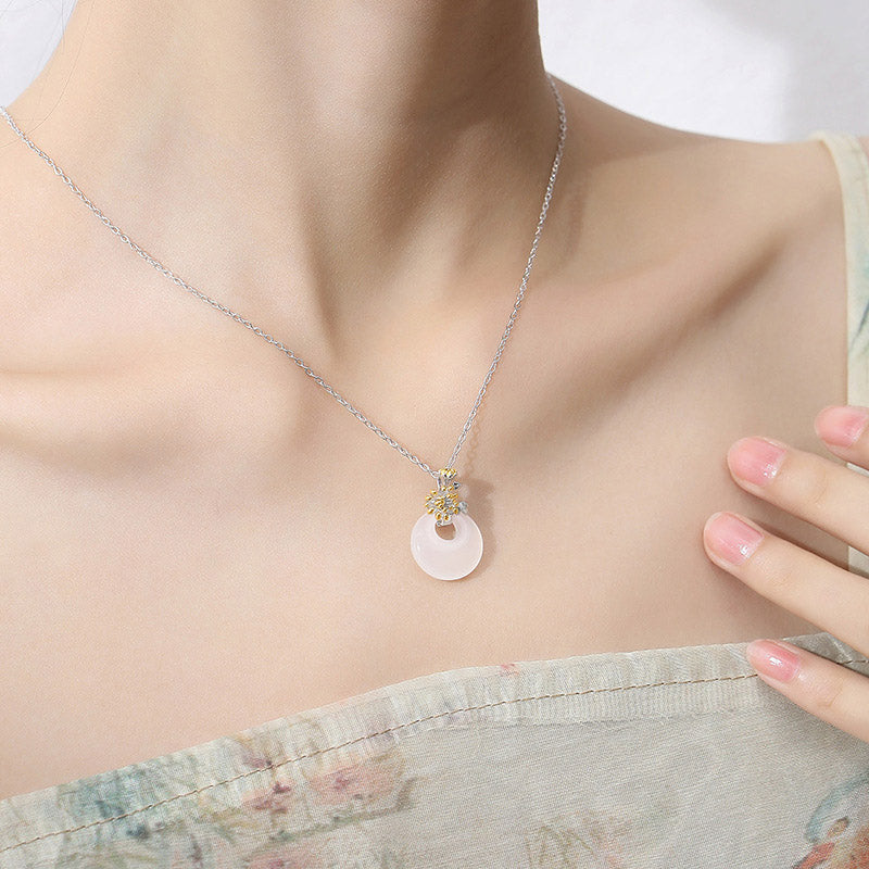 Fortune Jewel 925 Sterling Silver Round Chalcedony Twelve Months Flower Harmony Necklace Pendant