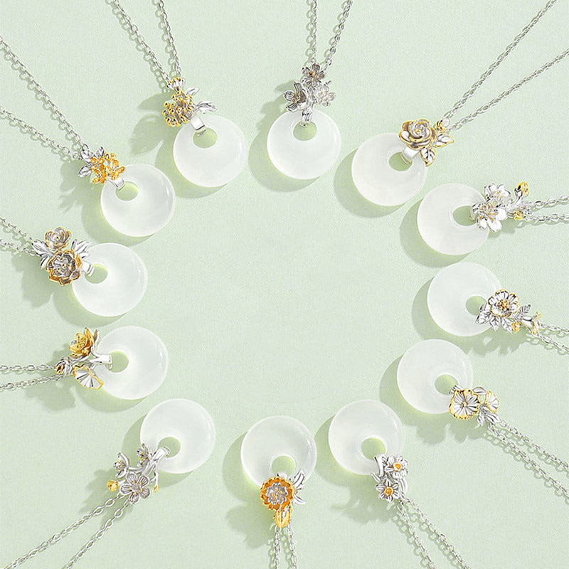 Fortune Jewel 925 Sterling Silver Round Chalcedony Twelve Months Flower Harmony Necklace Pendant