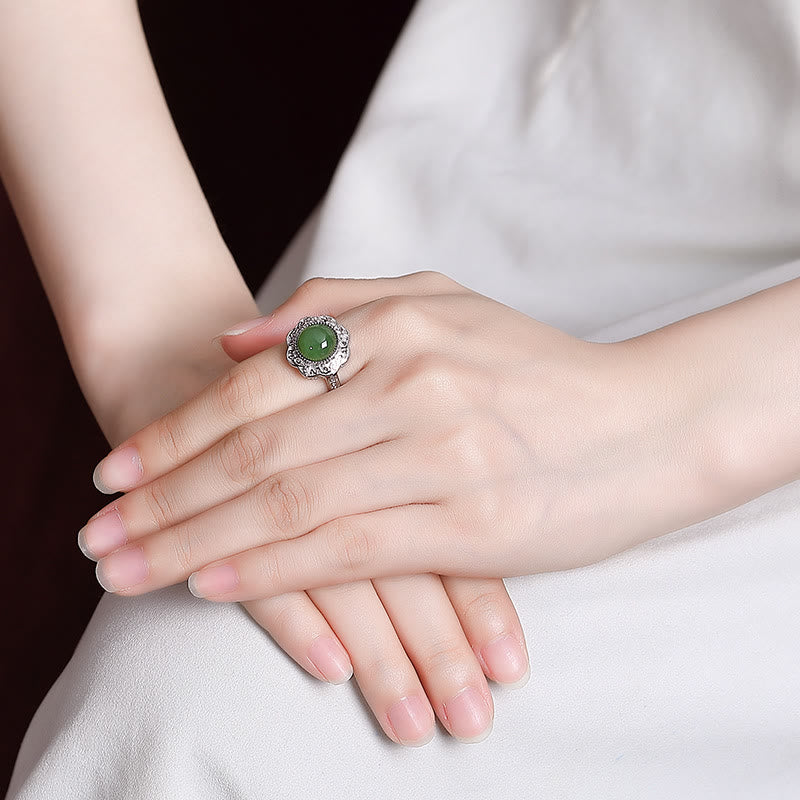 Fortune Jewel 925 Sterling Silver Hetian Cyan Jade Flower Design Luck Adjustable Ring