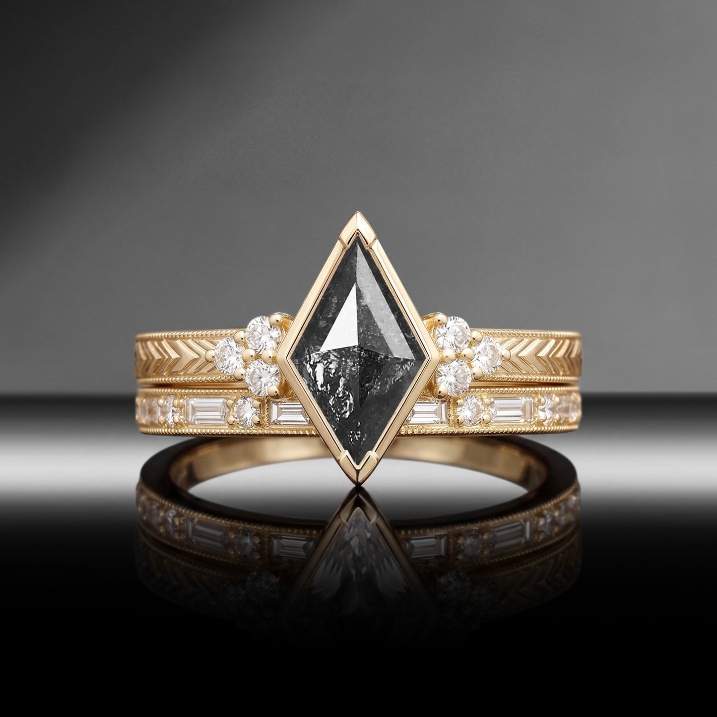 Vintage Inspired Art Deco Bezel Kite Cut Salt & Pepper Diamond Milgrain Cluster Engagement Ring Set