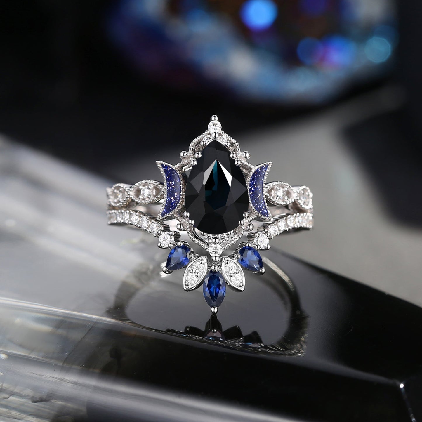 Crescent Moon | Blue Moon Inspired Pear Natural Black Sapphire 'Ultra Galaxy' Engagement Ring Set 2pcs