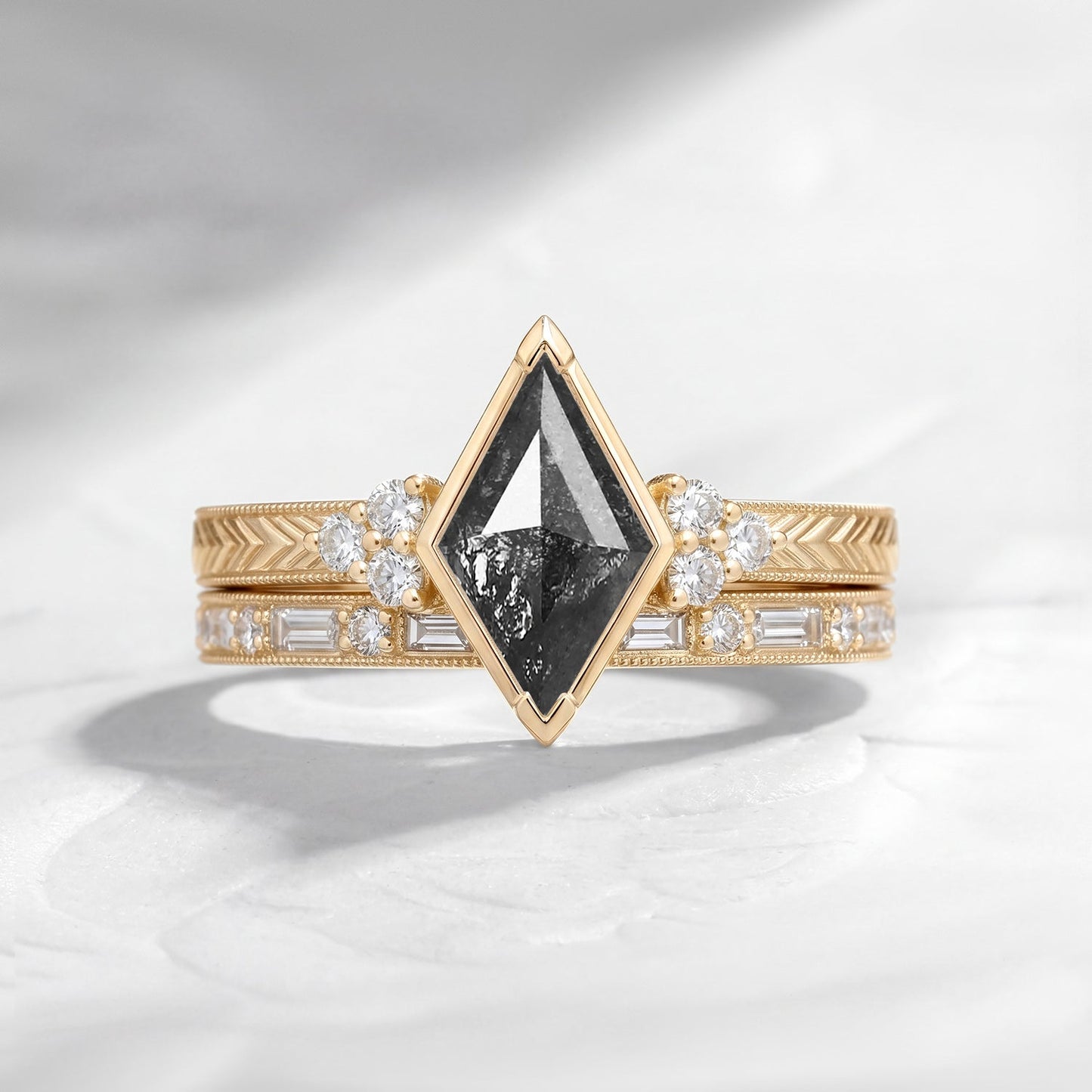 Vintage Inspired Art Deco Bezel Kite Cut Salt & Pepper Diamond Milgrain Cluster Engagement Ring Set