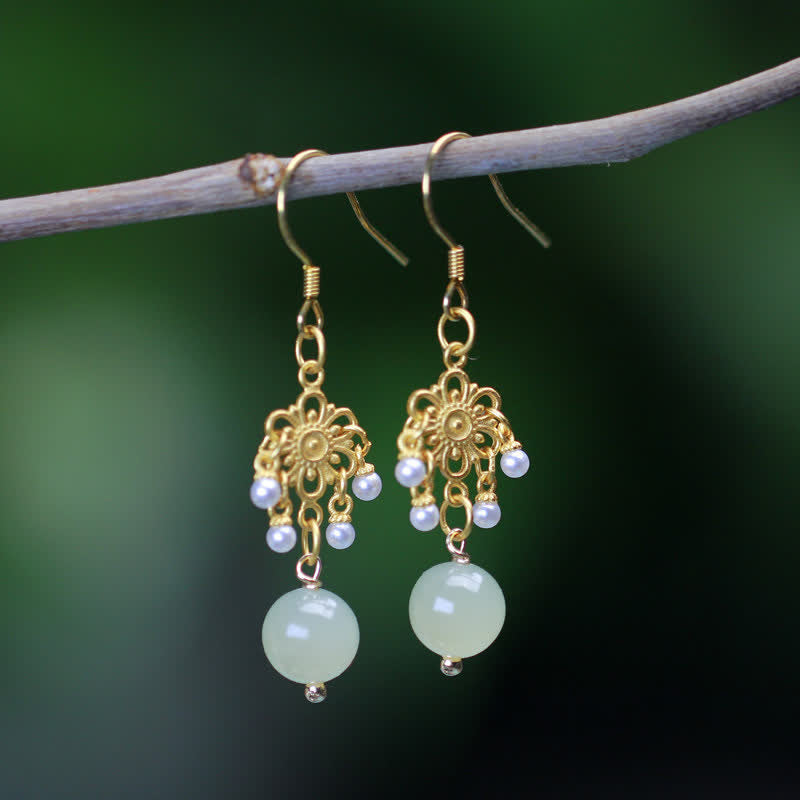 Fortune Jewel Hetian Jade Flower Pattern 14K Gold Plated Luck Drop Dangle Earrings