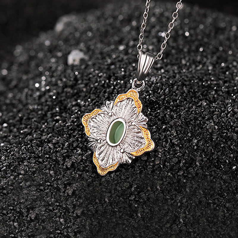 Fortune Jewel 925 Sterling Silver Plated Gold Hetian Cyan Jade Rhombus Design Luck Healing Necklace Pendant
