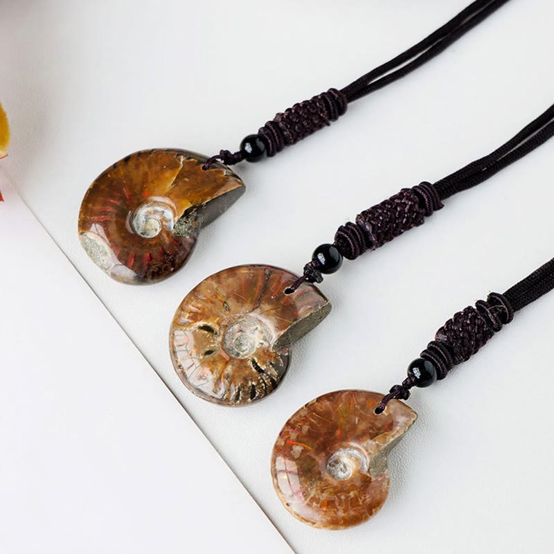 Fortune Jewel Natural Ammonite Fossil Snail Pattern Meditation Healing Necklace Pendant