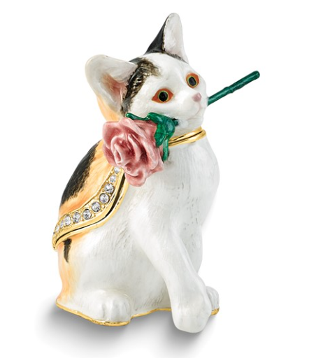 Bejeweled "Rosey Rascal" Cat with Rose Trinket Box with Matching Necklace