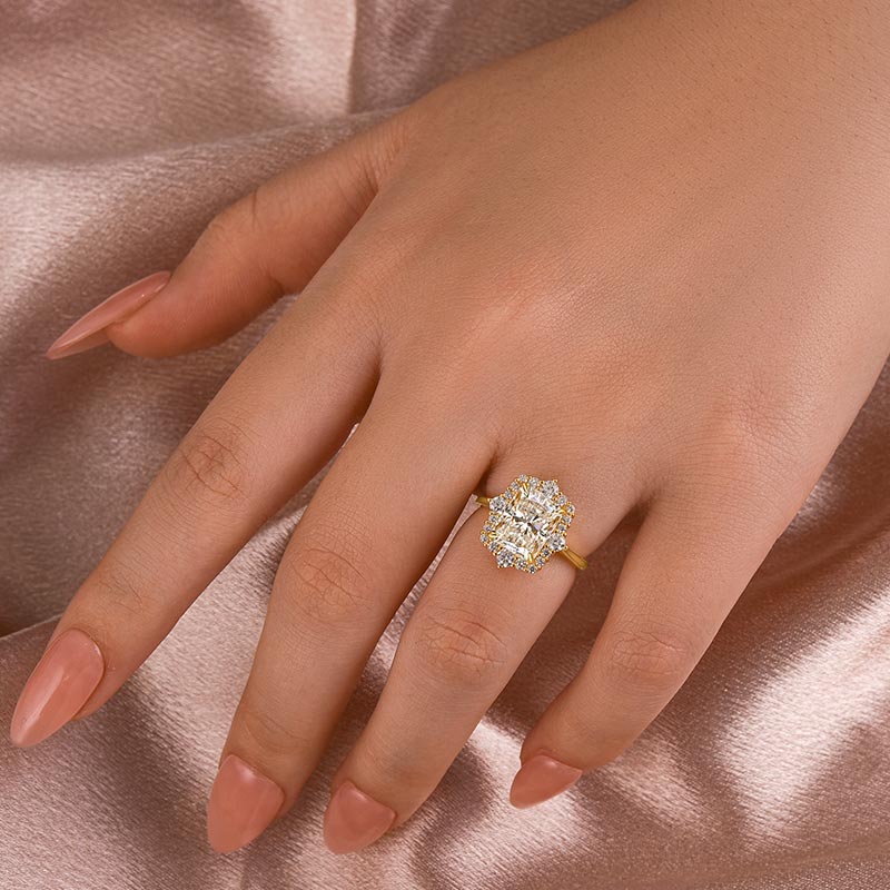 Artful Solarii Moissanite 4.5ct Radiant Cut 925 Sterling Silver Halo Design Engagement Ring