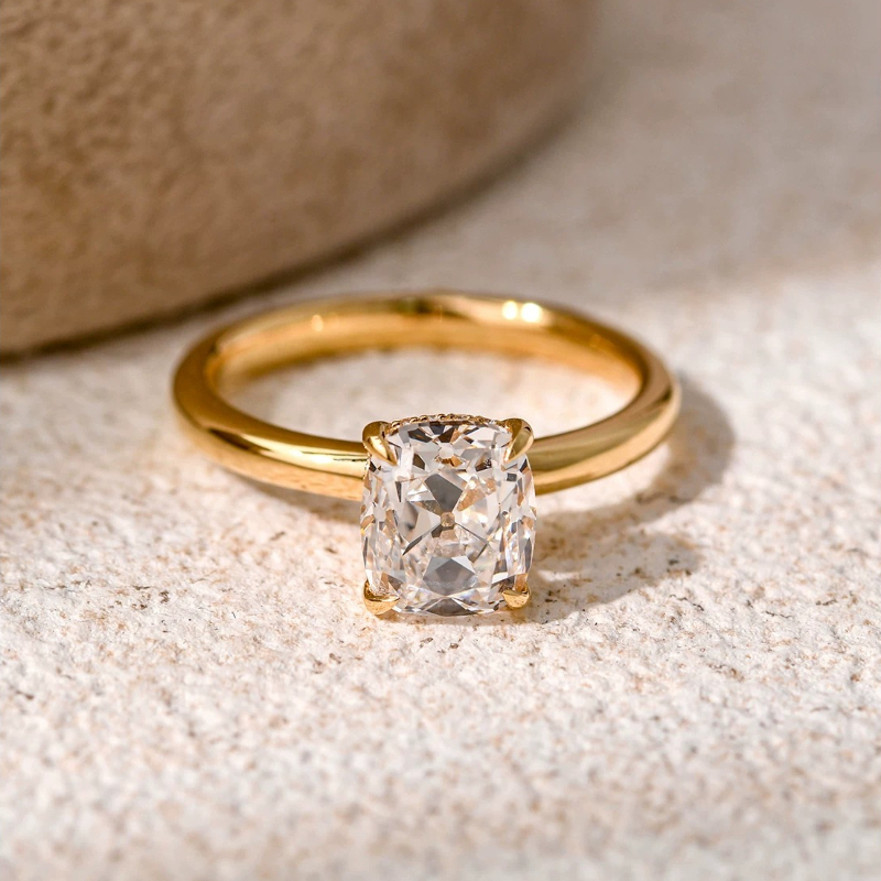 Cushion Cut Solitaire Hidden Halo Sterling Silver Engagement Ring