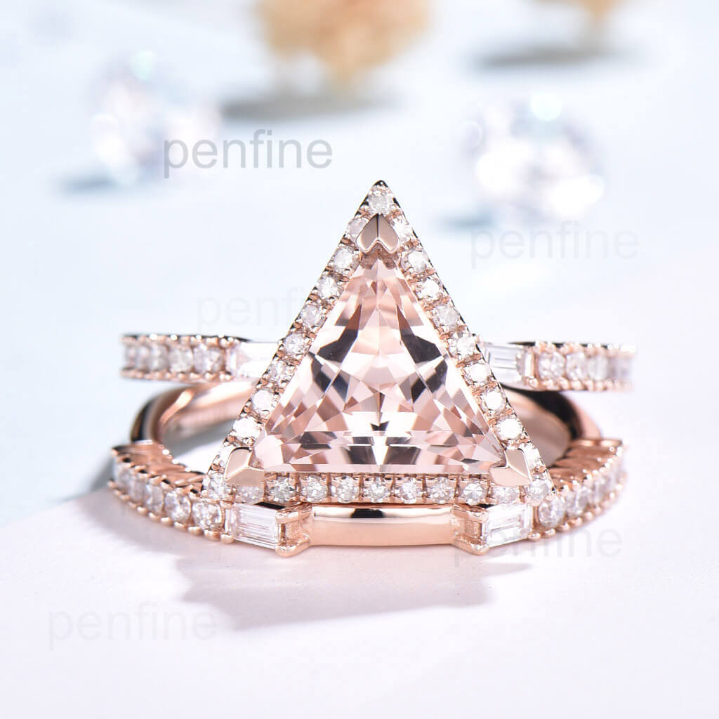 9mm Trillion Cut Unique Morganite Diamond Wedding Ring Set 2pcs