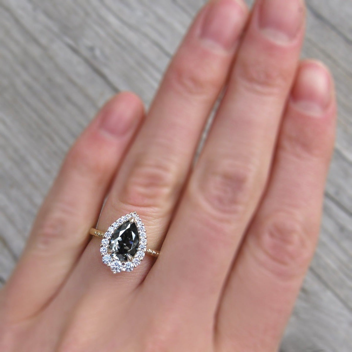 ・CELESTE・Pear Iconic™ Dark Grey Moissanite Center, Diamond Halo (1.83ctw+)