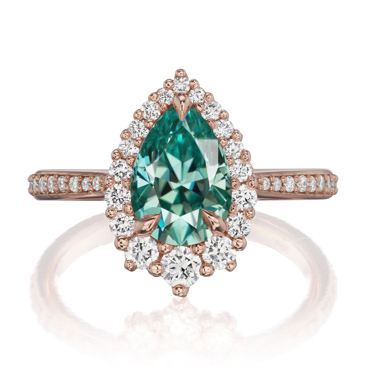 ・CELESTE・Pear Aqua-Teal Iconic™ Moissanite Center, Diamond Halo (1.83ctw+)