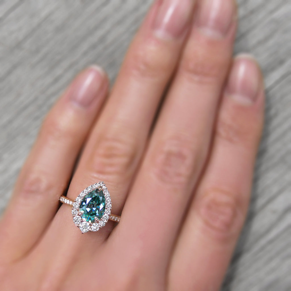 ・CELESTE・Pear Aqua-Teal Iconic™ Moissanite Center, Diamond Halo (1.83ctw+)