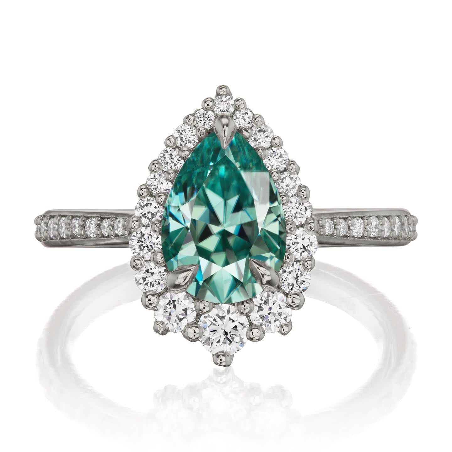 ・CELESTE・Pear Aqua-Teal Iconic™ Moissanite Center, Diamond Halo (1.83ctw+)