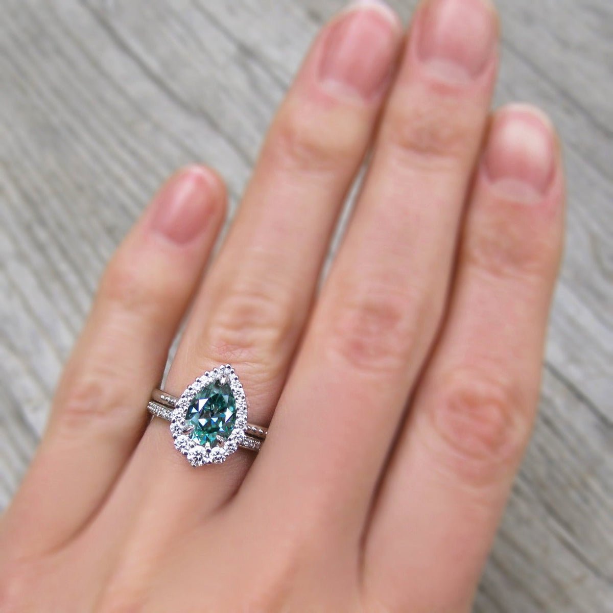・CELESTE・Pear Aqua-Teal Iconic™ Moissanite Center, Diamond Halo (1.83ctw+)