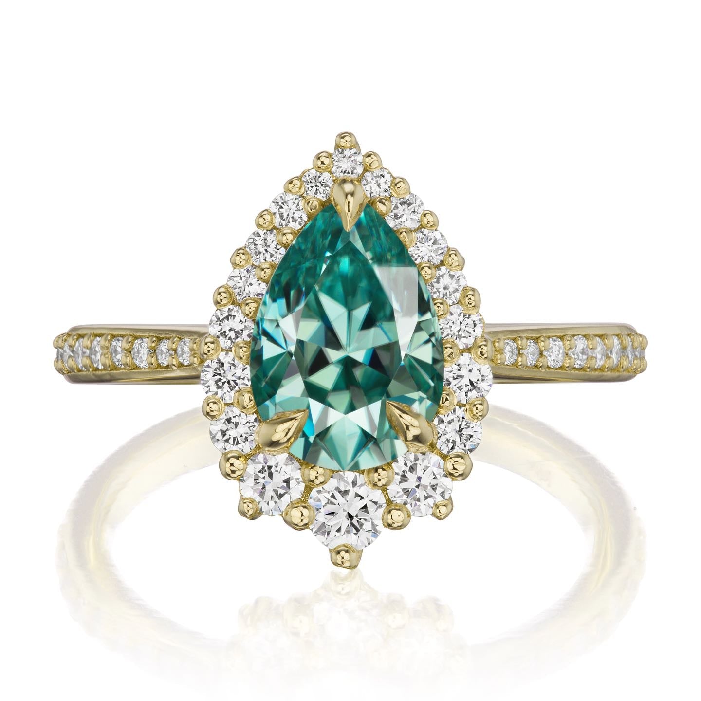 ・CELESTE・Pear Aqua-Teal Iconic™ Moissanite Center, Diamond Halo (1.83ctw+)